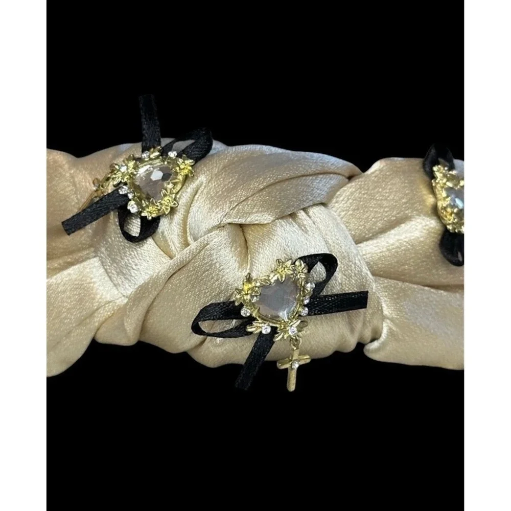 Women's Champagne Headband w/Black Bow, Rhinestone Heart w/ Cross Dangle NWOT